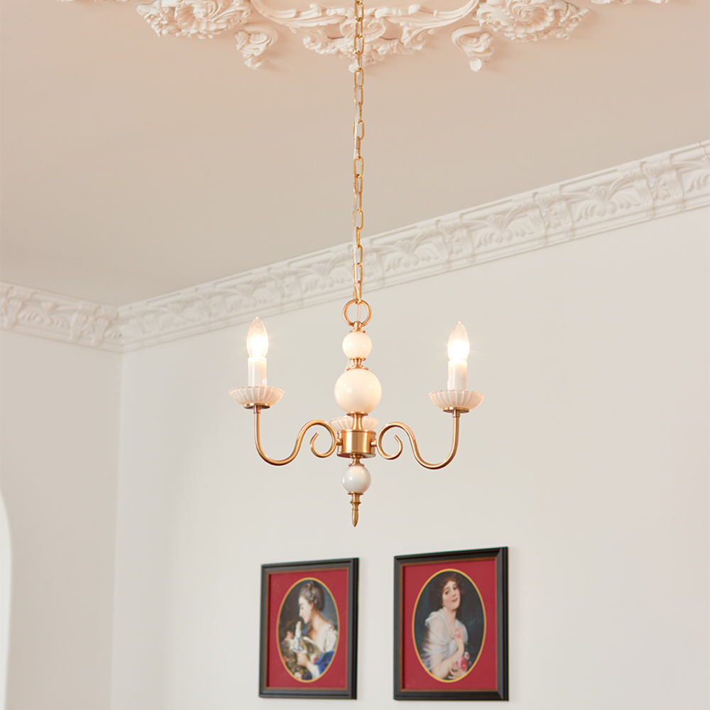 Cream Glass Chandelier – Retro-Inspired Brass Lighting for a Timeless Elegance