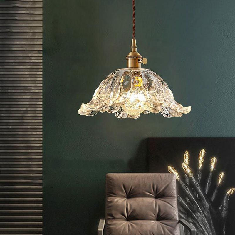 Flower Glass Pendant Light – Elegant Ribbed Glass Hanging Lamp with Dimmer