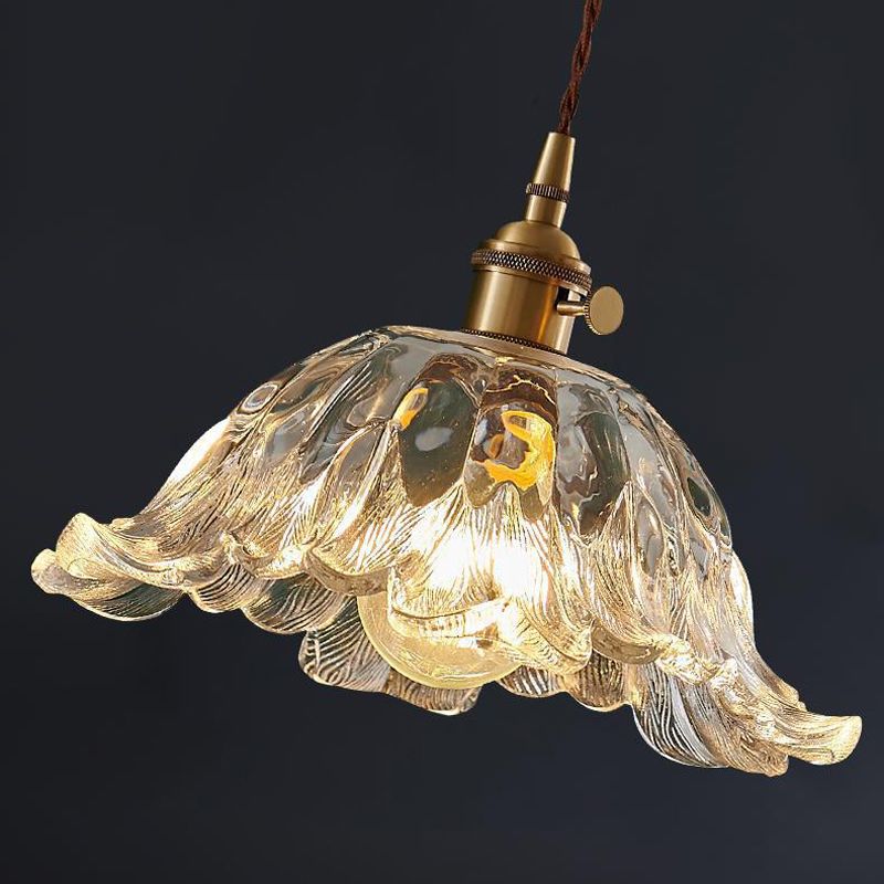 Flower Glass Pendant Light – Elegant Ribbed Glass Hanging Lamp with Dimmer