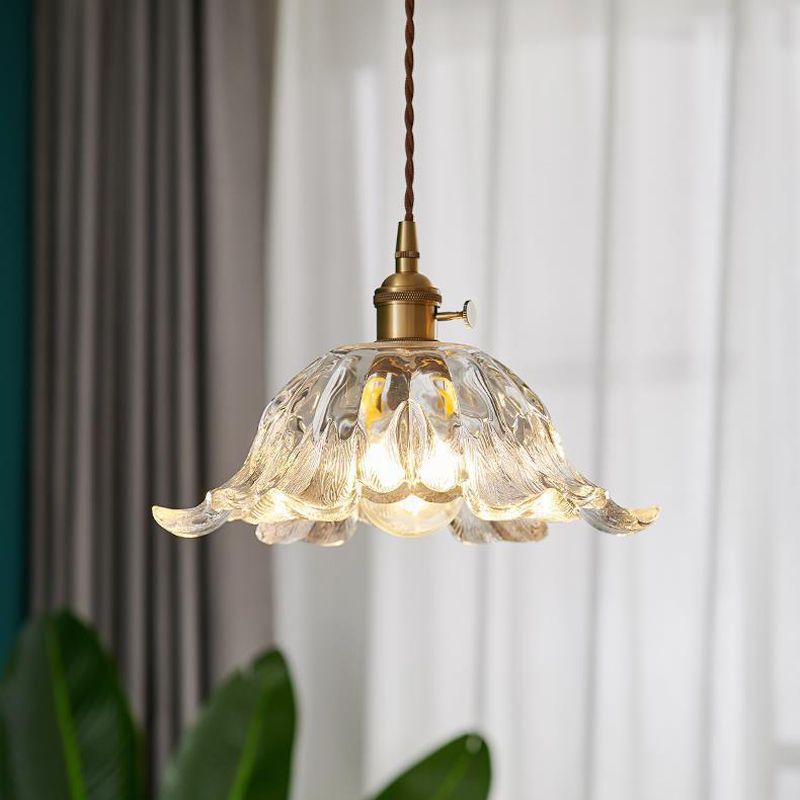 Flower Glass Pendant Light – Elegant Ribbed Glass Hanging Lamp with Dimmer