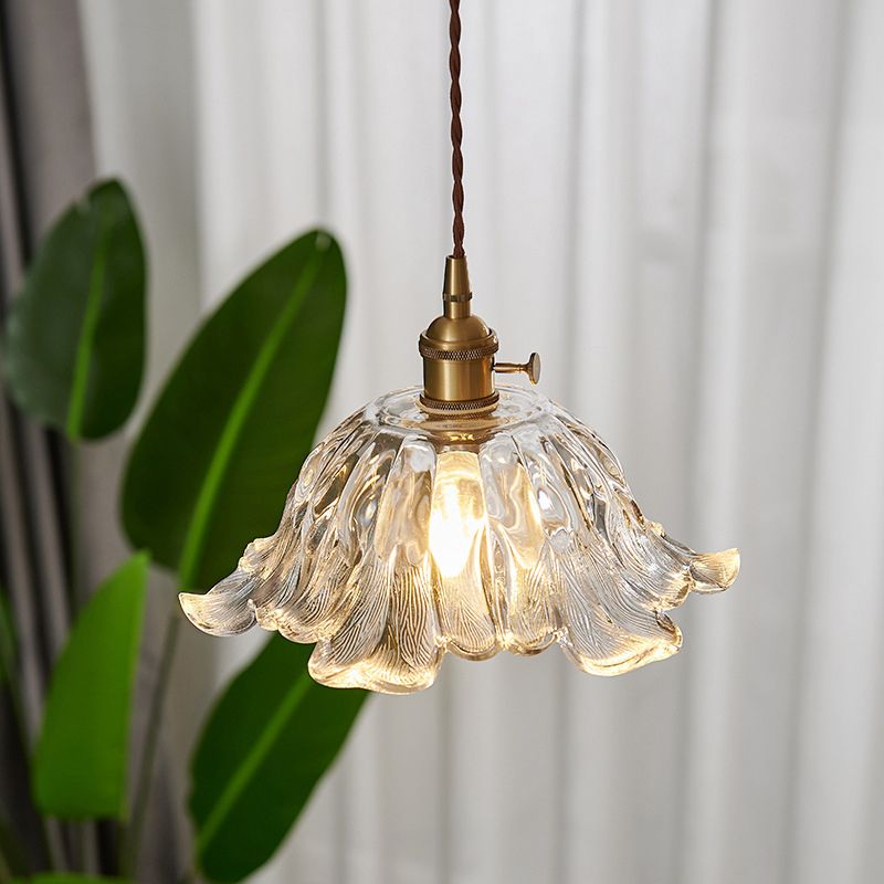 Flower Glass Pendant Light – Elegant Ribbed Glass Hanging Lamp with Dimmer