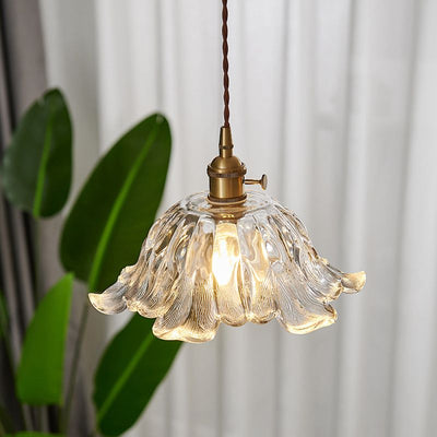 Flower Glass Pendant Light – Elegant Ribbed Glass Hanging Lamp with Dimmer