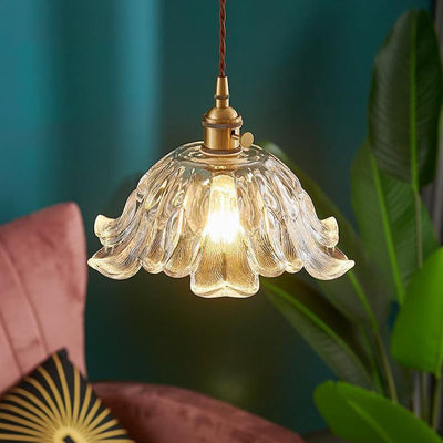 Flower Glass Pendant Light – Elegant Ribbed Glass Hanging Lamp with Dimmer