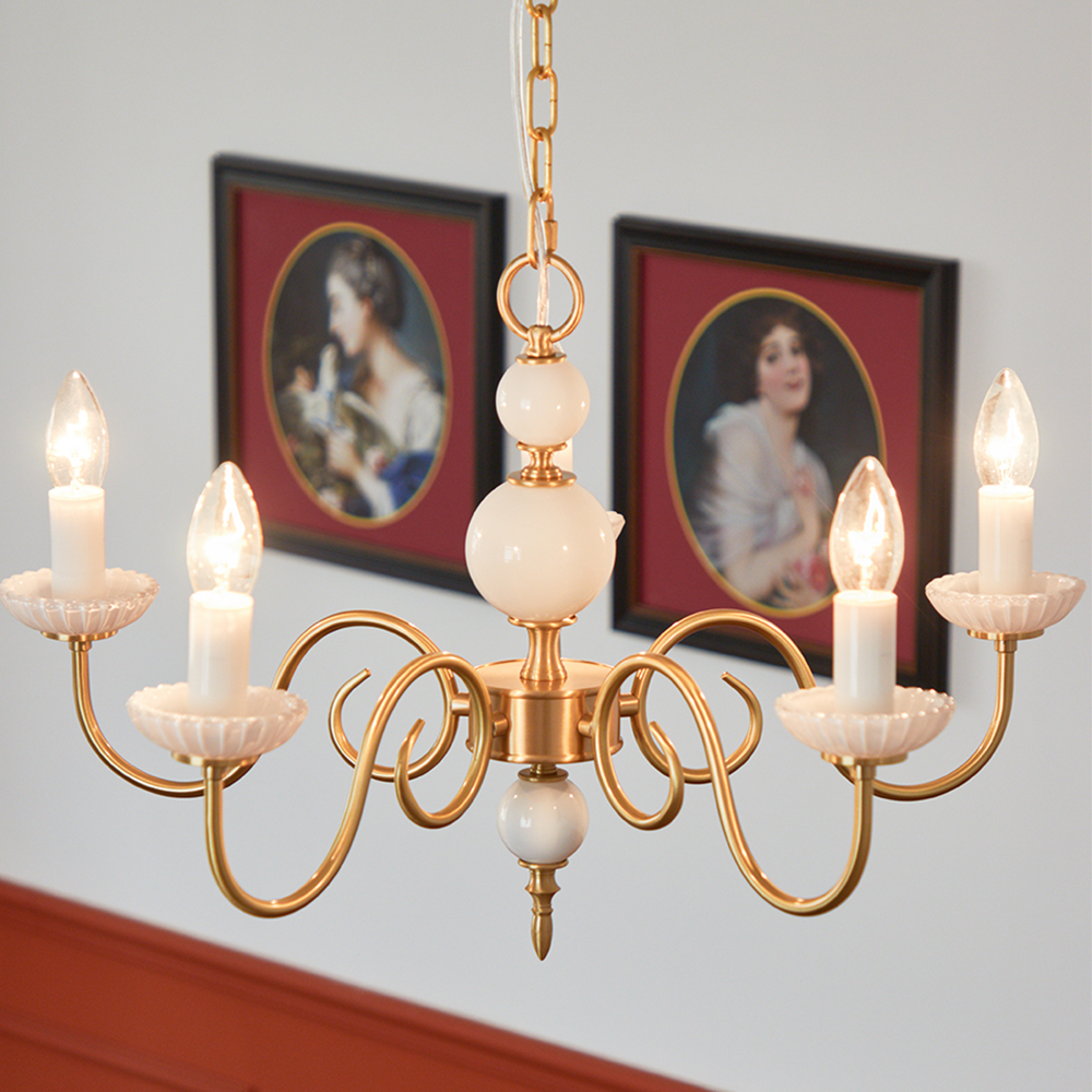 Cream Glass Chandelier – Retro-Inspired Brass Lighting for a Timeless Elegance