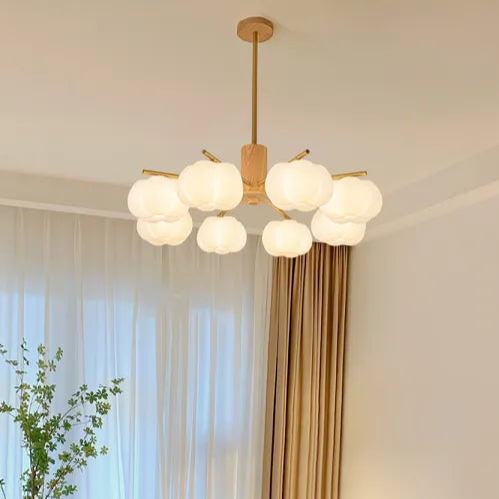 Modern Wooden Cotton Ball Chandelier – Elegant LED Ceiling Light for Living Rooms