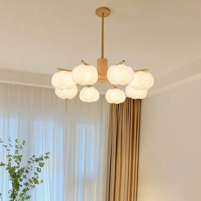 Modern Wooden Cotton Ball Chandelier – Elegant LED Ceiling Light for Living Rooms
