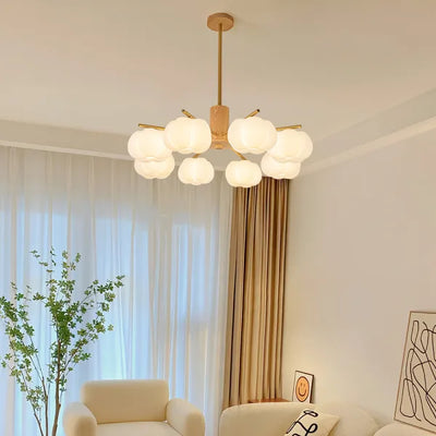 Modern Wooden Cotton Ball Chandelier – Elegant LED Ceiling Light for Living Rooms