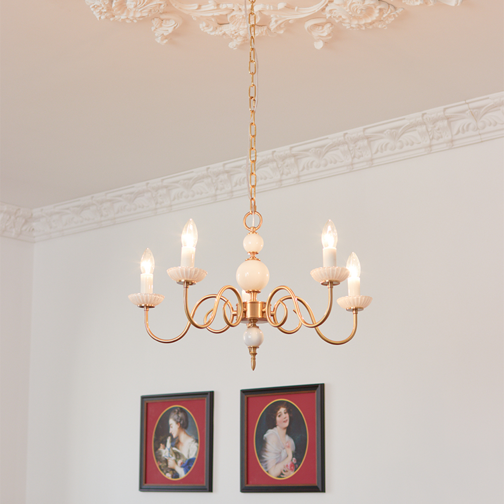 Cream Glass Chandelier – Retro-Inspired Brass Lighting for a Timeless Elegance