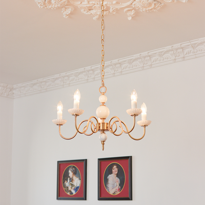 Cream Glass Chandelier – Retro-Inspired Brass Lighting for a Timeless Elegance
