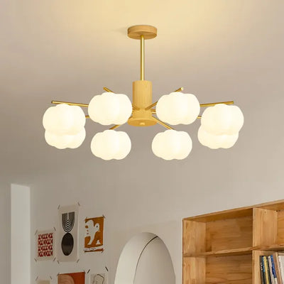 Modern Wooden Cotton Ball Chandelier – Elegant LED Ceiling Light for Living Rooms