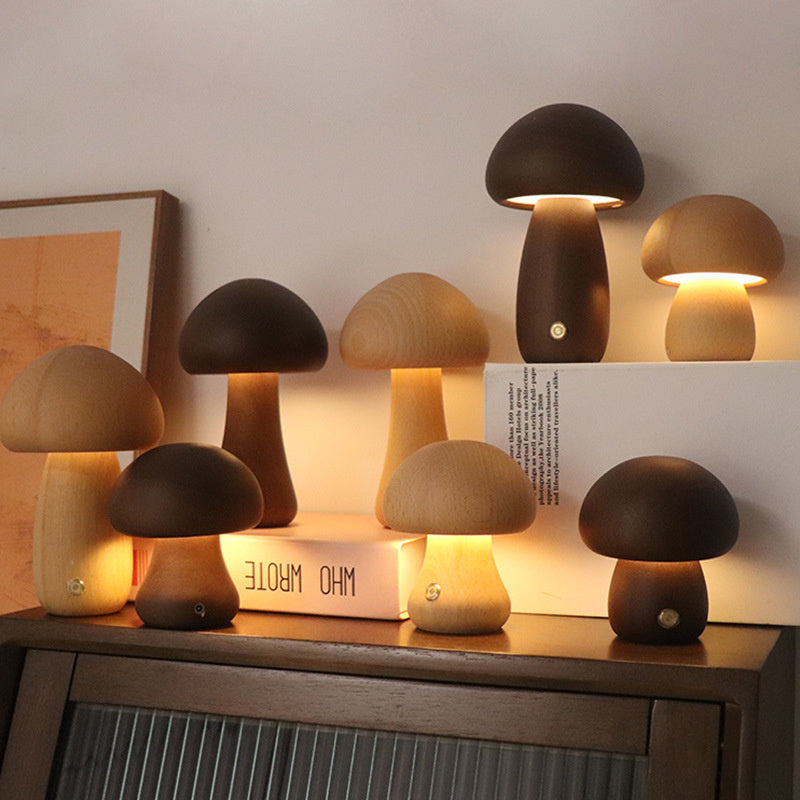 Rechargeable Wooden Mushroom Lamp – Touch Control LED Table Light