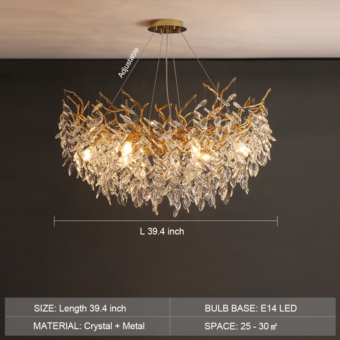 French Style Branch Crystal Chandelier – Luxury LED Pendant Light (G9, Adjustable Height)