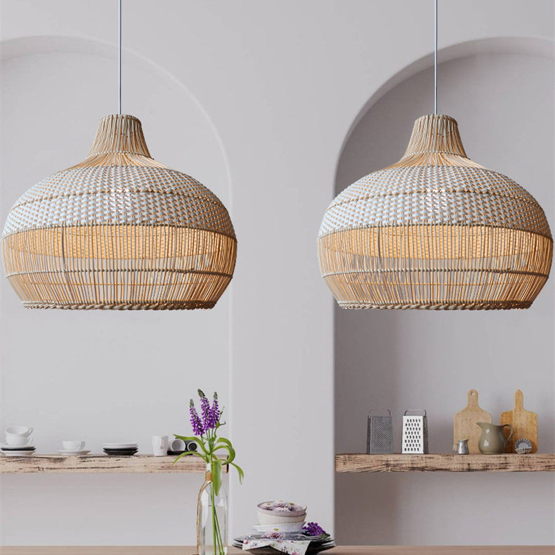 Handwoven Rattan Pendant Light – Natural Boho Hanging Lamp (E26/E27, Adjustable Length)