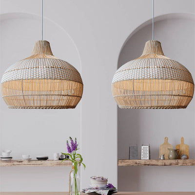 Handwoven Rattan Pendant Light – Natural Boho Hanging Lamp (E26/E27, Adjustable Length)