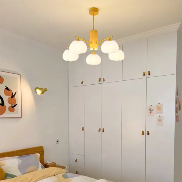 Modern Wooden Cotton Ball Chandelier – Elegant LED Ceiling Light for Living Rooms