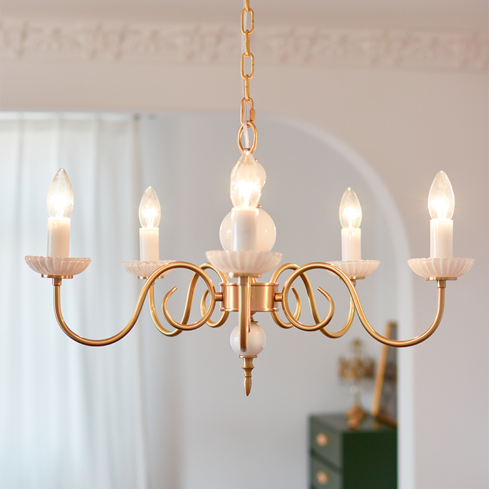 Cream Glass Chandelier – Retro-Inspired Brass Lighting for a Timeless Elegance