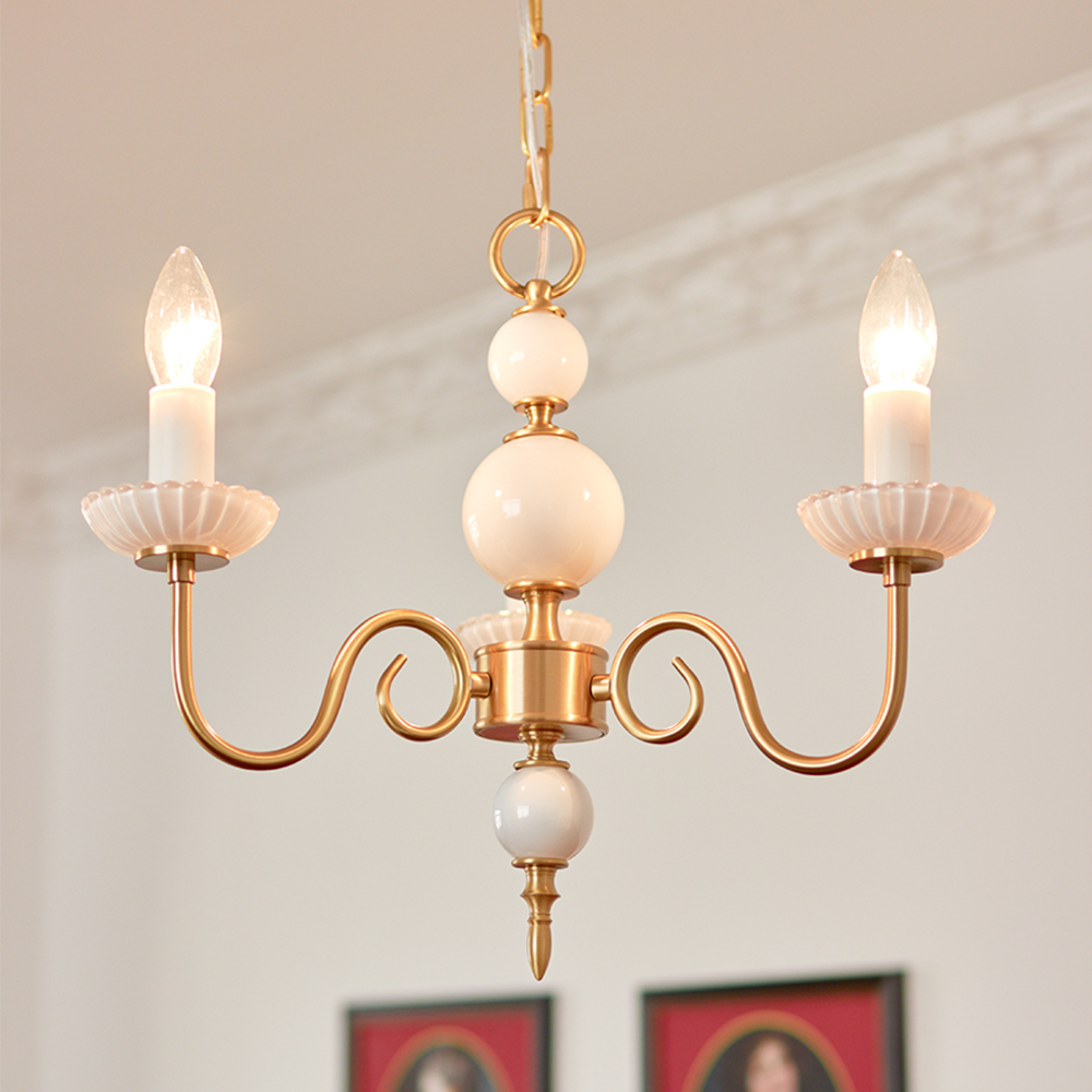 Cream Glass Chandelier – Retro-Inspired Brass Lighting for a Timeless Elegance