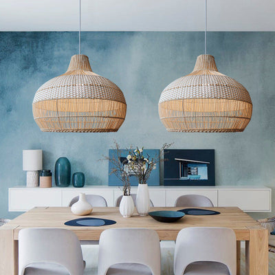 Handwoven Rattan Pendant Light – Natural Boho Hanging Lamp (E26/E27, Adjustable Length)