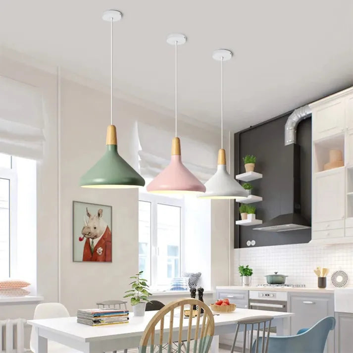 French Macaron Cone Pendant Light – Playful & Elegant Metal Hanging Lamp (E26/E27)
