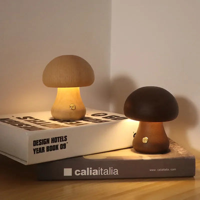 Rechargeable Wooden Mushroom Lamp – Touch Control LED Table Light