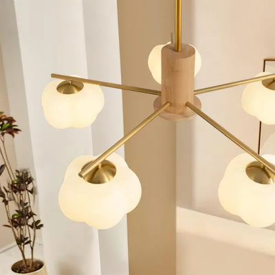 Modern Wooden Cotton Ball Chandelier – Elegant LED Ceiling Light for Living Rooms