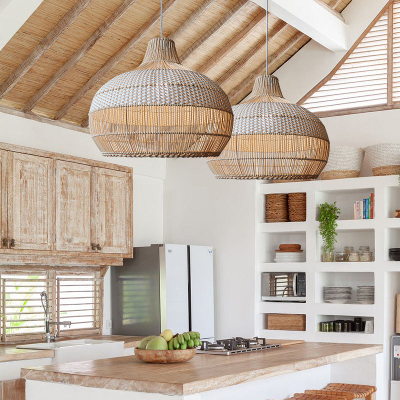 Handwoven Rattan Pendant Light – Natural Boho Hanging Lamp (E26/E27, Adjustable Length)