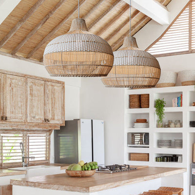 Handwoven Rattan Pendant Light – Natural Boho Hanging Lamp (E26/E27, Adjustable Length)
