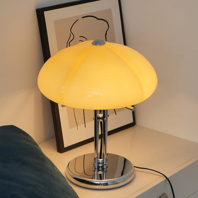 Mushroom Bauhaus Table Lamp – Timeless Amber Glass & Metal Design