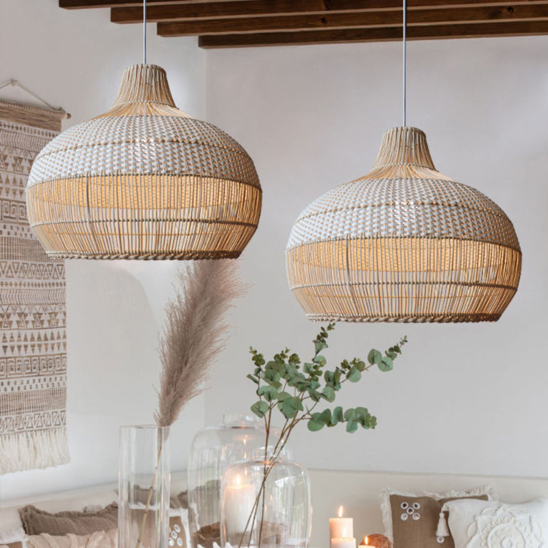 Handwoven Rattan Pendant Light – Natural Boho Hanging Lamp (E26/E27, Adjustable Length)