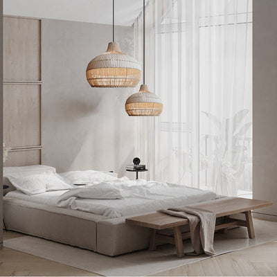 Handwoven Rattan Pendant Light – Natural Boho Hanging Lamp (E26/E27, Adjustable Length)