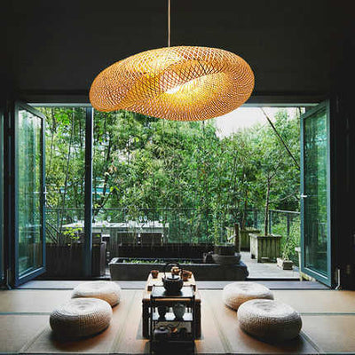Handwoven Chinese Bamboo Pendant Light – Natural Rattan Wave Shade (E27, LED Compatible)