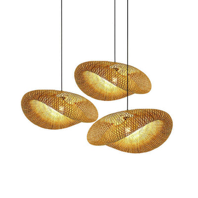 Handwoven Chinese Bamboo Pendant Light – Natural Rattan Wave Shade (E27, LED Compatible)