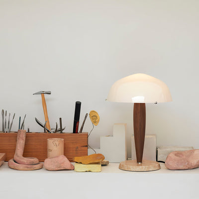 Herman Table Lamp – Elegant Glass & Walnut Desk Light (E14, LED Compatible, Modern Design)