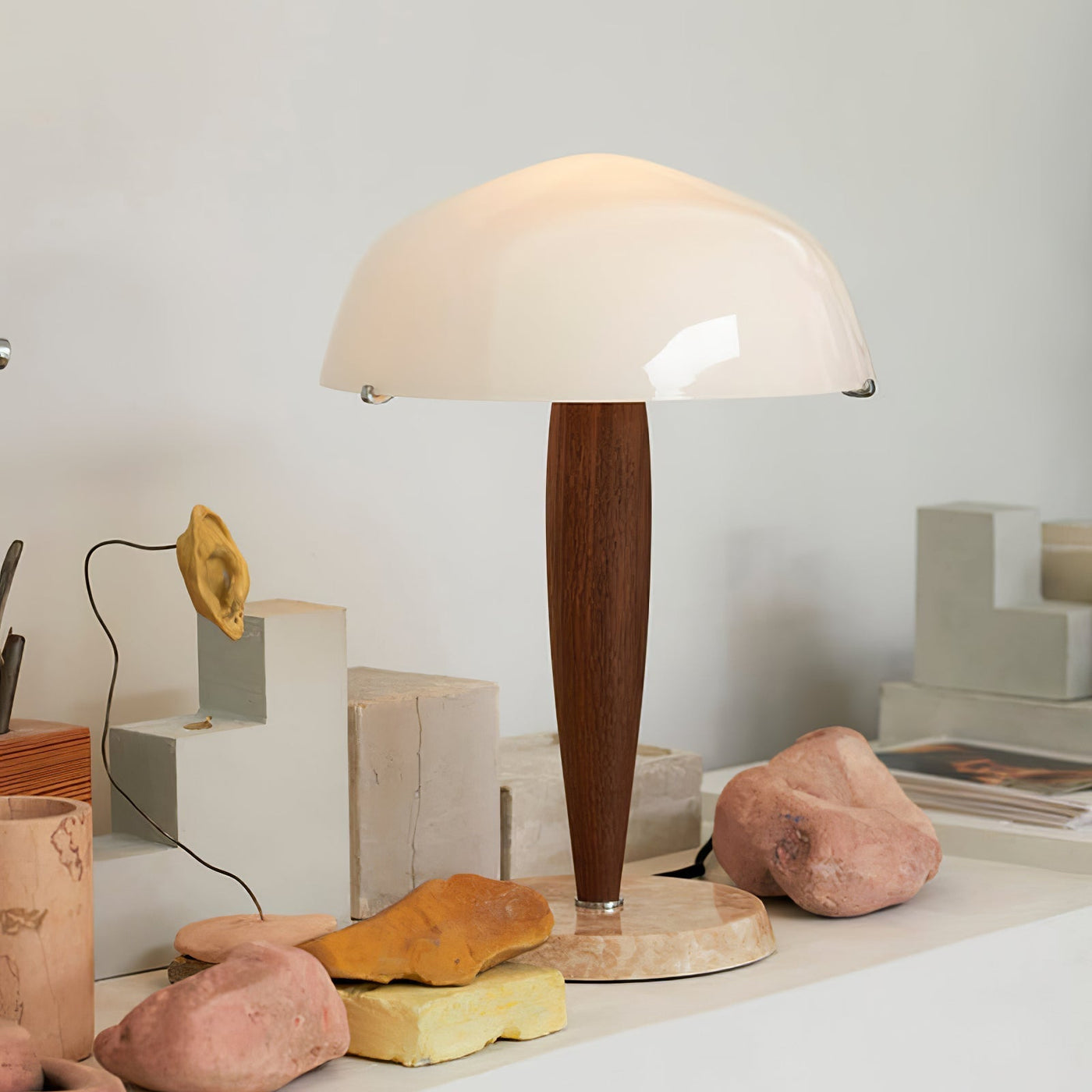 Herman Table Lamp – Elegant Glass & Walnut Desk Light (E14, LED Compatible, Modern Design)