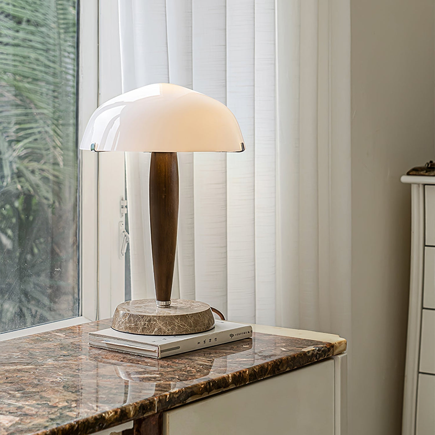 Herman Table Lamp – Elegant Glass & Walnut Desk Light (E14, LED Compatible, Modern Design)
