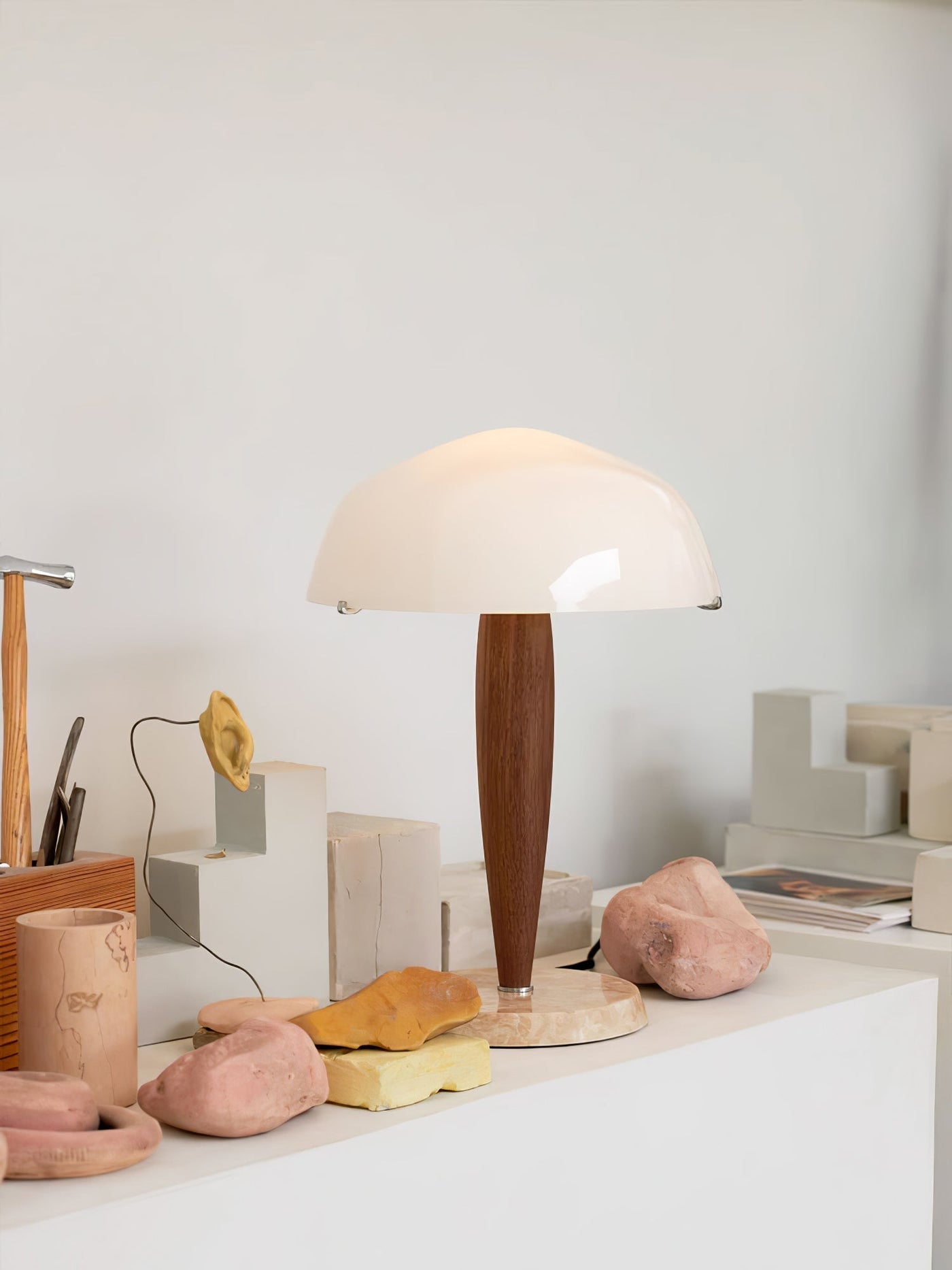 Herman Table Lamp – Elegant Glass & Walnut Desk Light (E14, LED Compatible, Modern Design)