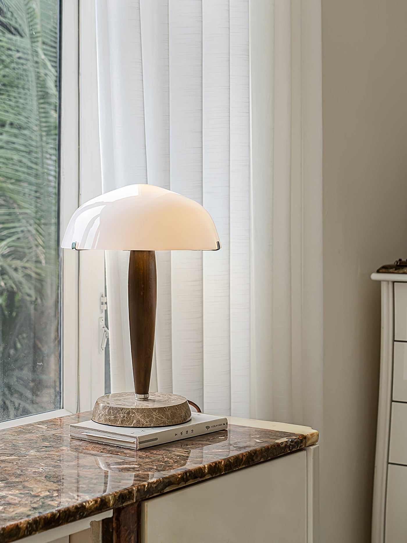 Herman Table Lamp – Elegant Glass & Walnut Desk Light (E14, LED Compatible, Modern Design)