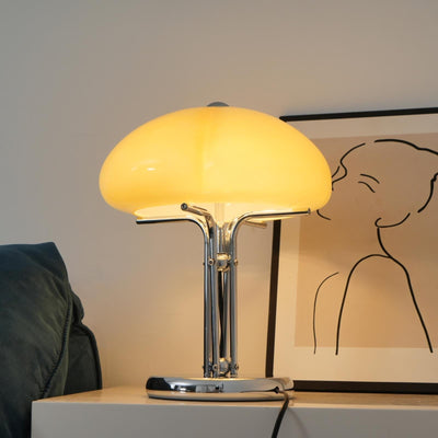 Mushroom Bauhaus Table Lamp – Timeless Amber Glass & Metal Design
