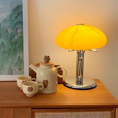 Mushroom Bauhaus Table Lamp – Timeless Amber Glass & Metal Design