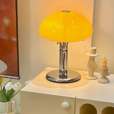 Mushroom Bauhaus Table Lamp – Timeless Amber Glass & Metal Design