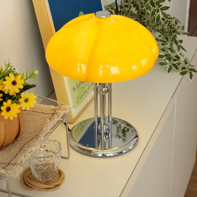 Mushroom Bauhaus Table Lamp – Timeless Amber Glass & Metal Design
