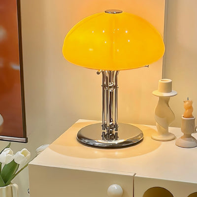 Mushroom Bauhaus Table Lamp – Timeless Amber Glass & Metal Design