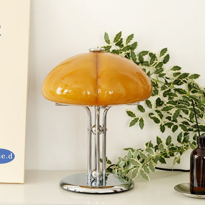 Mushroom Bauhaus Table Lamp – Timeless Amber Glass & Metal Design