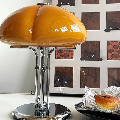Mushroom Bauhaus Table Lamp – Timeless Amber Glass & Metal Design