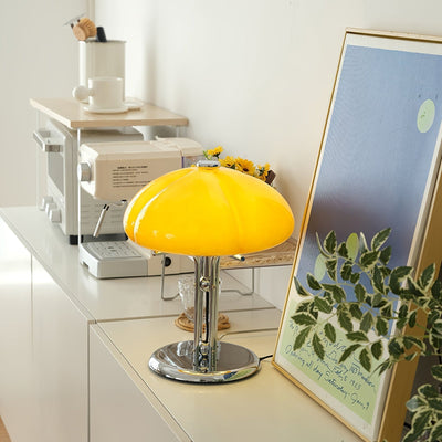 Mushroom Bauhaus Table Lamp – Timeless Amber Glass & Metal Design