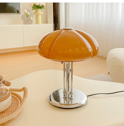 Mushroom Bauhaus Table Lamp – Timeless Amber Glass & Metal Design