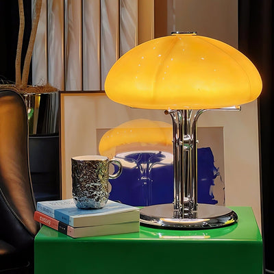 Mushroom Bauhaus Table Lamp – Timeless Amber Glass & Metal Design