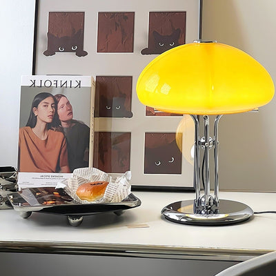 Mushroom Bauhaus Table Lamp – Timeless Amber Glass & Metal Design