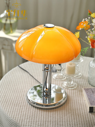 Mushroom Bauhaus Table Lamp – Timeless Amber Glass & Metal Design
