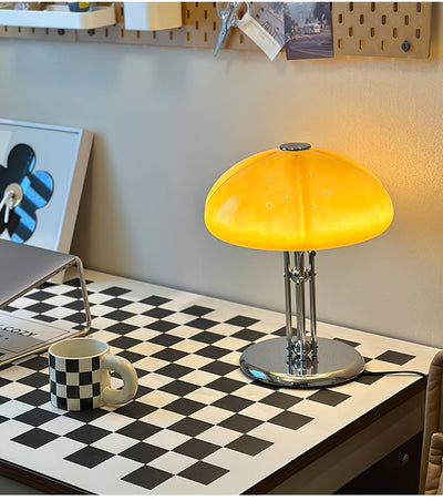 Mushroom Bauhaus Table Lamp – Timeless Amber Glass & Metal Design